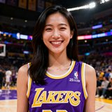 一位25岁的女性球迷头像，身穿湖人队球衣，笑容灿烂，背景是NBA赛场。
